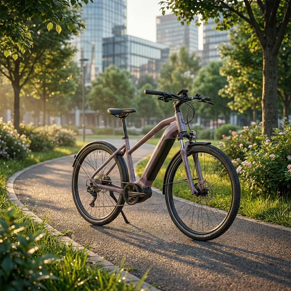 Winora YUCATAN X10 LOW Elektrofahrrad i800Wh in plush pigeon auf sonnigem Parkweg, Stadt im Hintergrund.