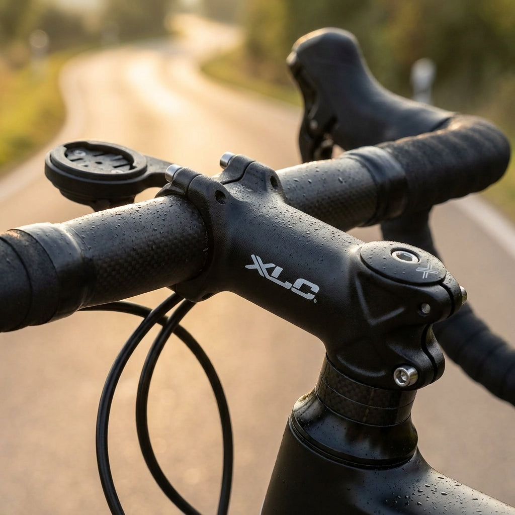 Schwarzer XLC Comp A-Head Vorbau ST-M15 35° 110mm am Fahrradlenker, mit Wassertropfen, auf sonniger Straße.