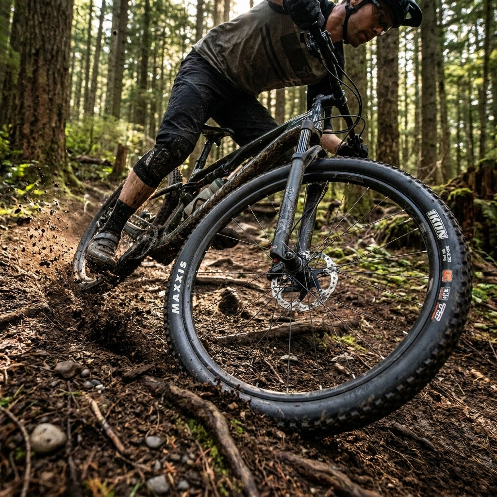Mountainbiker mit Maxxis Ikon TLR 29x2.20 Reifen fährt dynamisch auf schlammigem Waldweg.