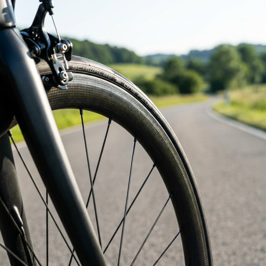 Schwalbe One Plus Rennradreifen, schwarz, mit maximalem Pannenschutz auf Carbonlaufrad auf Landstraße.