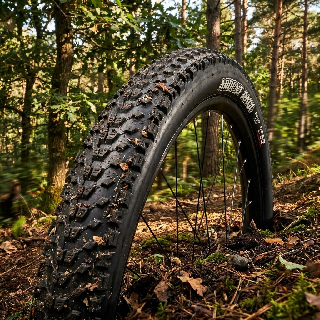 Maxxis Reifen Ardent Race 29x2.20 schwarz Draht im Wald, detailliertes Offroad-Profil mit Schmutz und Blättern.