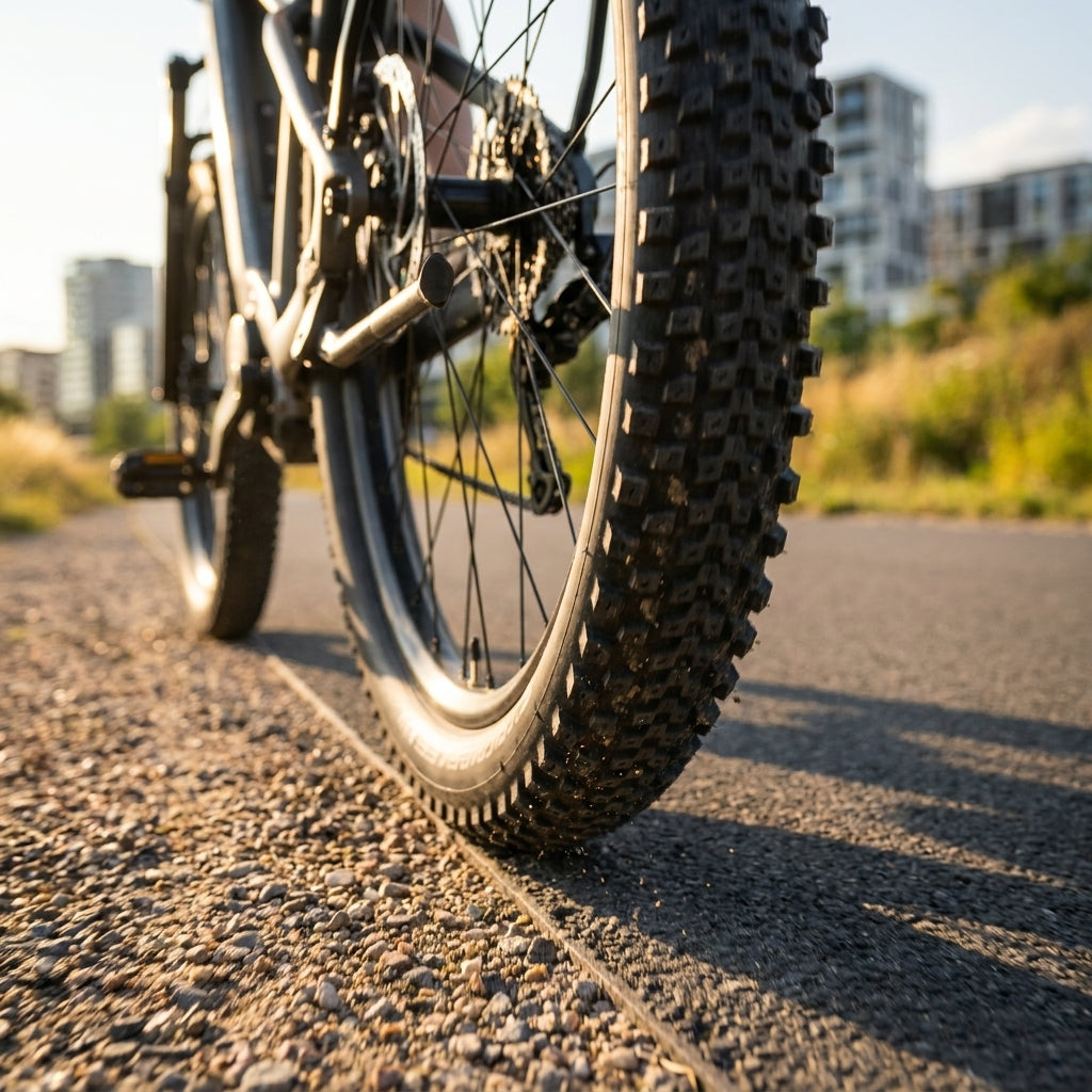 Schwalbe Advancer Hybrid SUV-Fahrradreifen schwarz mit robustem Profil auf Schotter und Asphalt.
