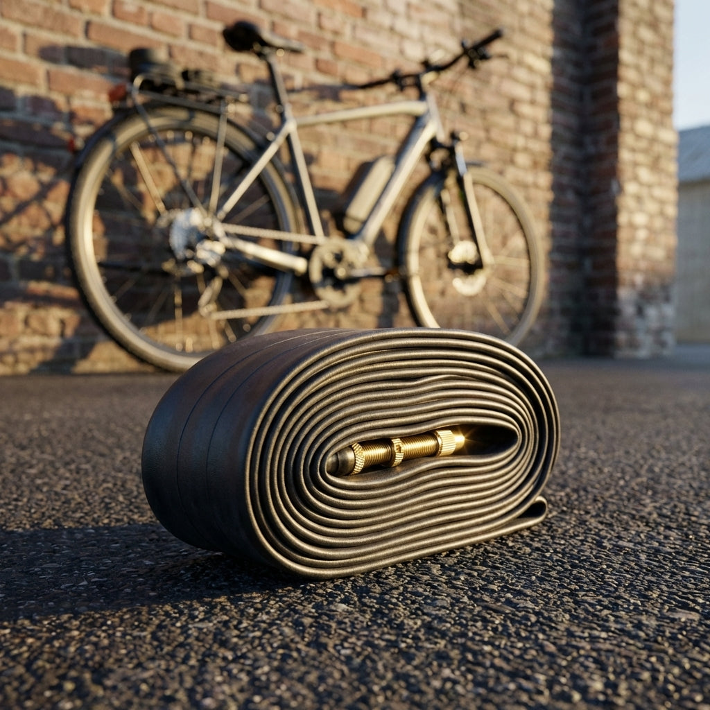 Schwalbe 5x Schlauch DV17 28 Zoll aufgerollt mit Ventil vor einem Fahrrad an einer Ziegelwand.