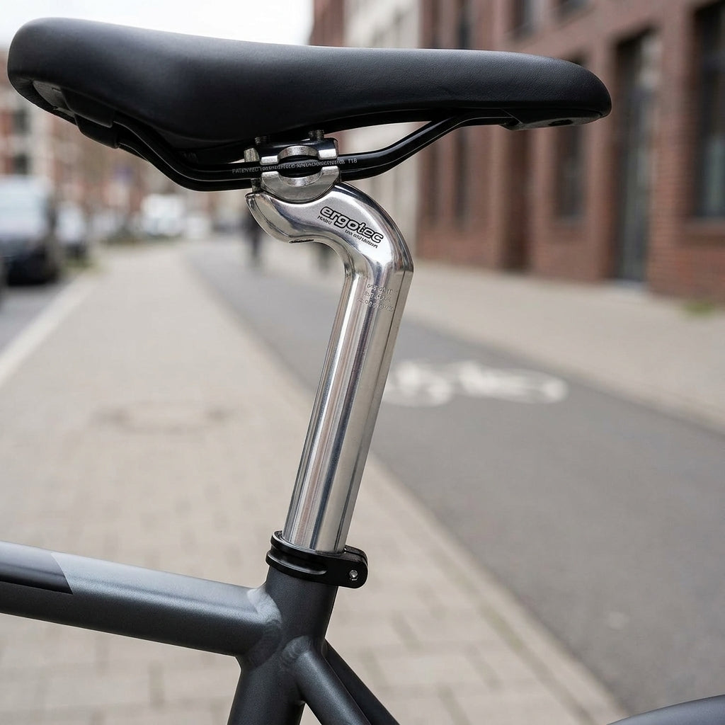 Ergotec Patentsattelstütze Ø 27,2mm 350mm silber aus Alu am Fahrrad mit schwarzem Sattel.