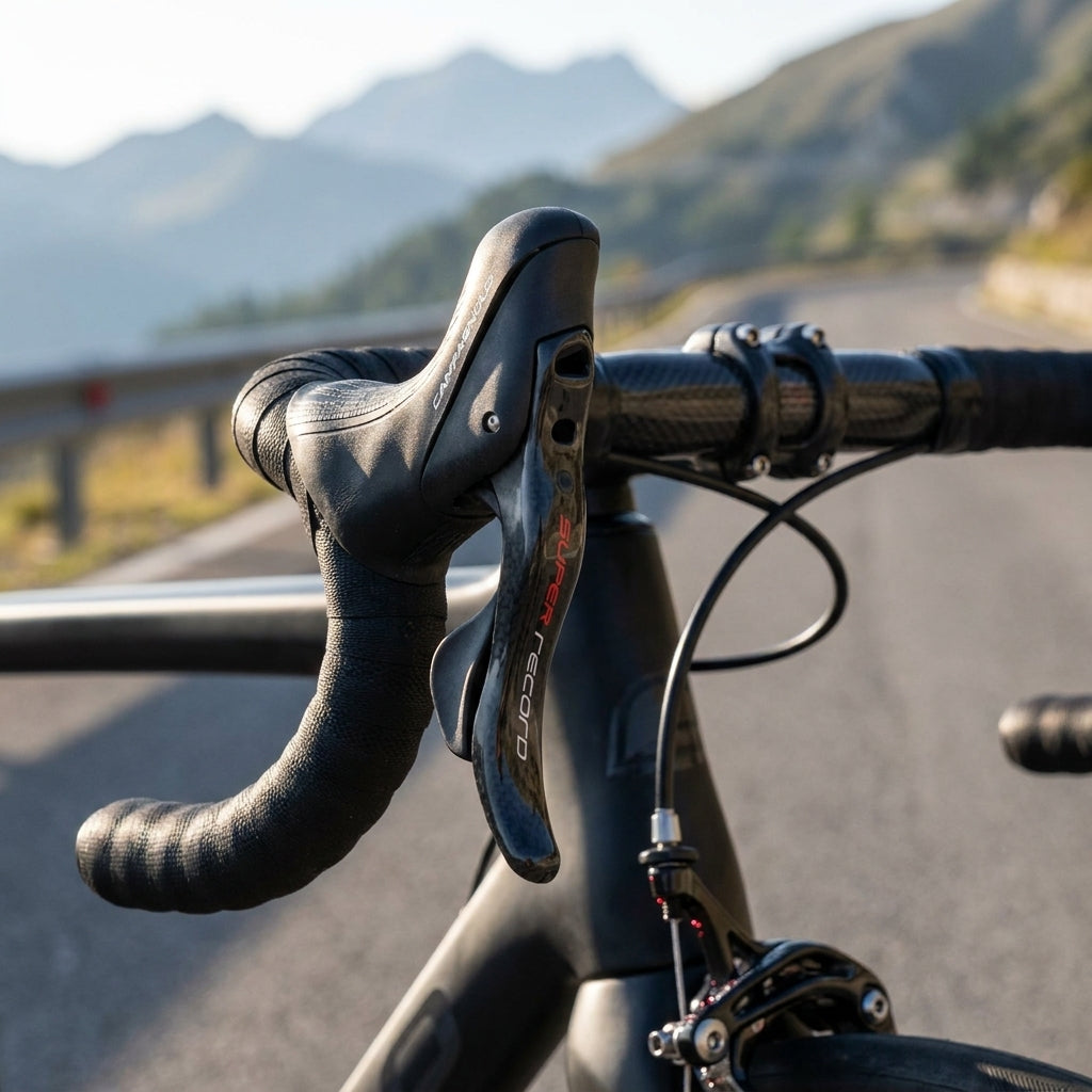 Campagnolo Super Record 12-fach Brems-Schalthebel am Rennradlenker auf einer Bergstraße.