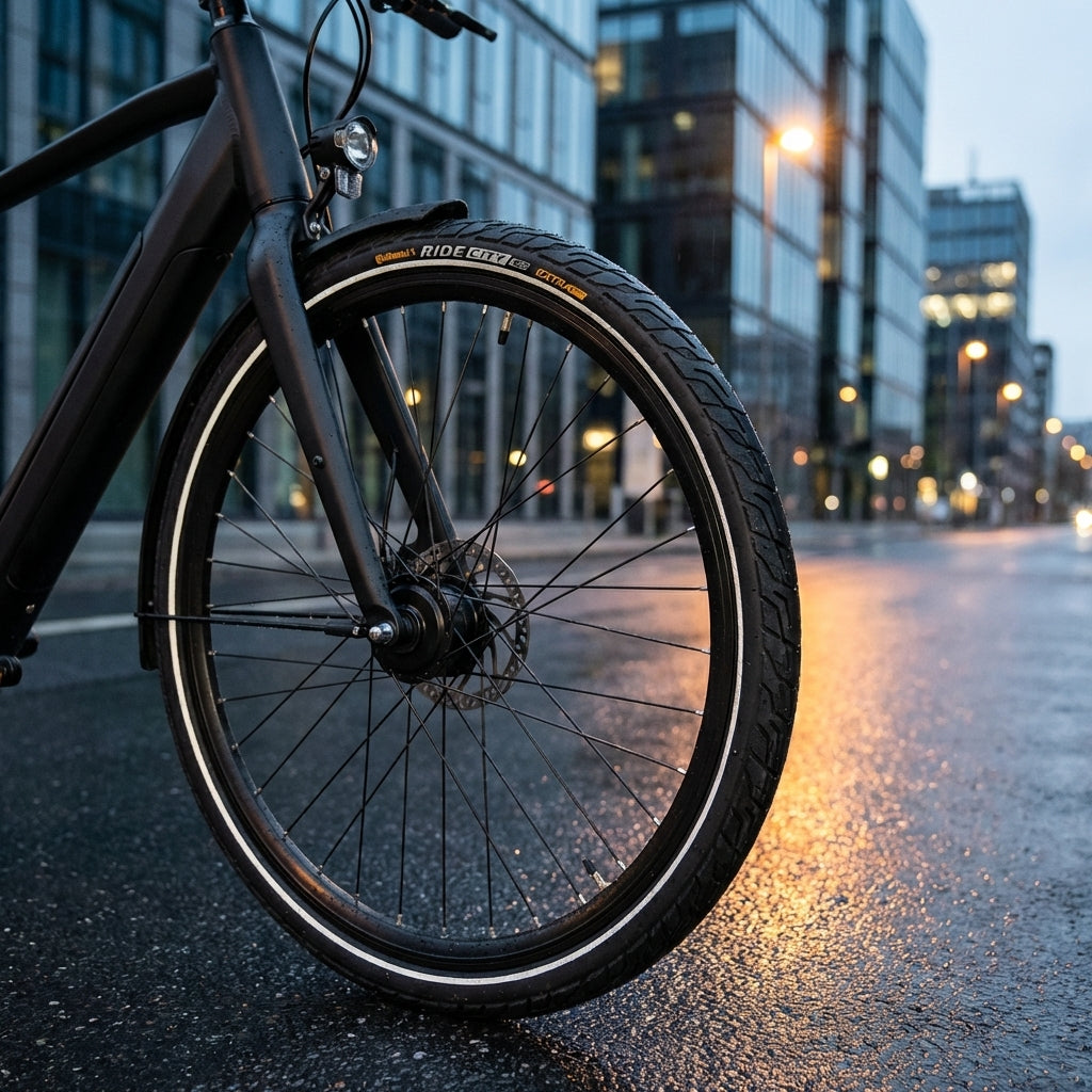 Continental Conti Ride City Fahrradreifen schwarz Reflex E-25 auf nassem Asphalt in der Stadt.
