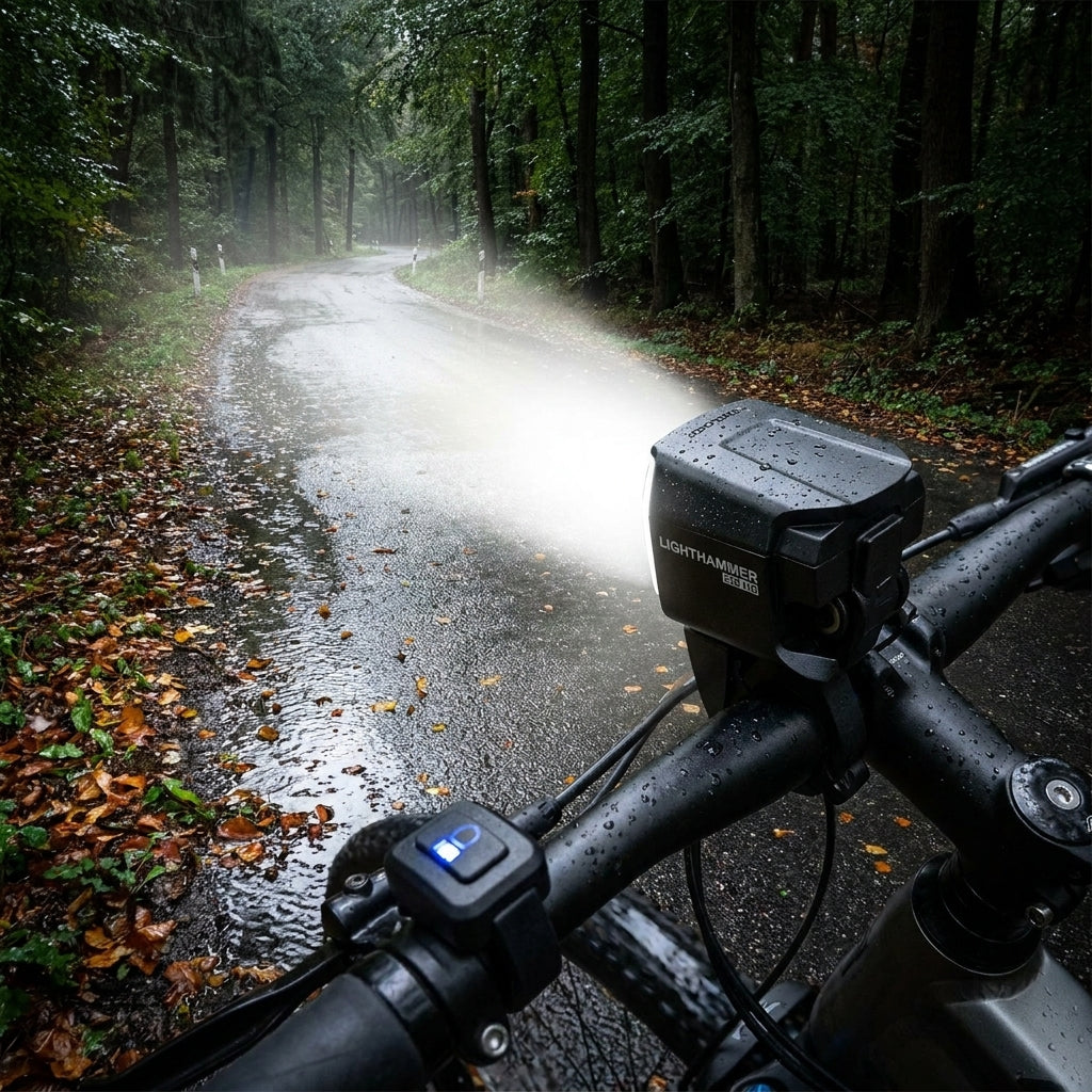 TRELOCK LS 930 HB Lighthammer 930 E-Bike Frontlicht mit Fernlicht leuchtet nasse Waldstraße aus.