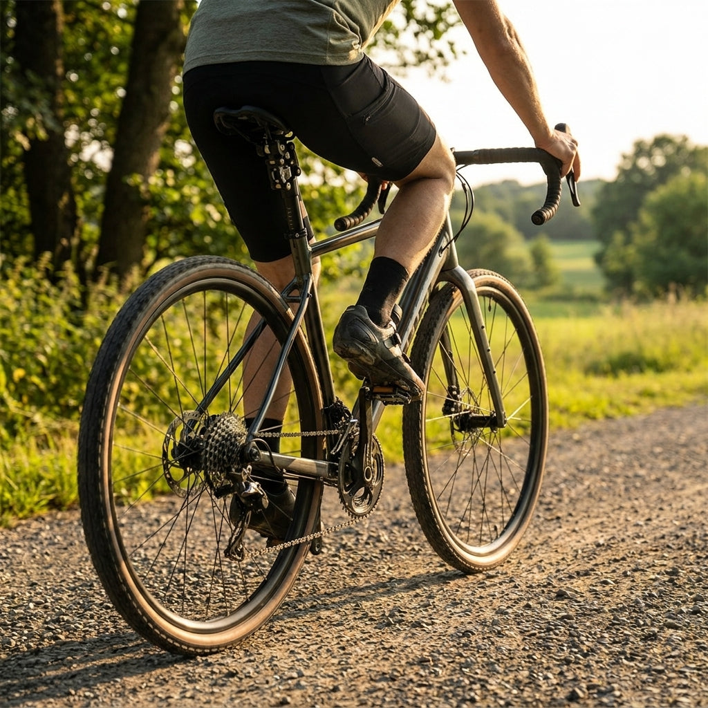 Radfahrer auf Gravelbike mit schwarzer SR-Suntour Federsattelstütze SP12 NCX auf Schotterweg.