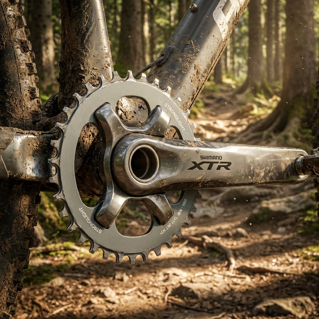Stronglight Kettenblatt an Shimano XTR Kurbel eines schlammigen Mountainbikes im Wald.