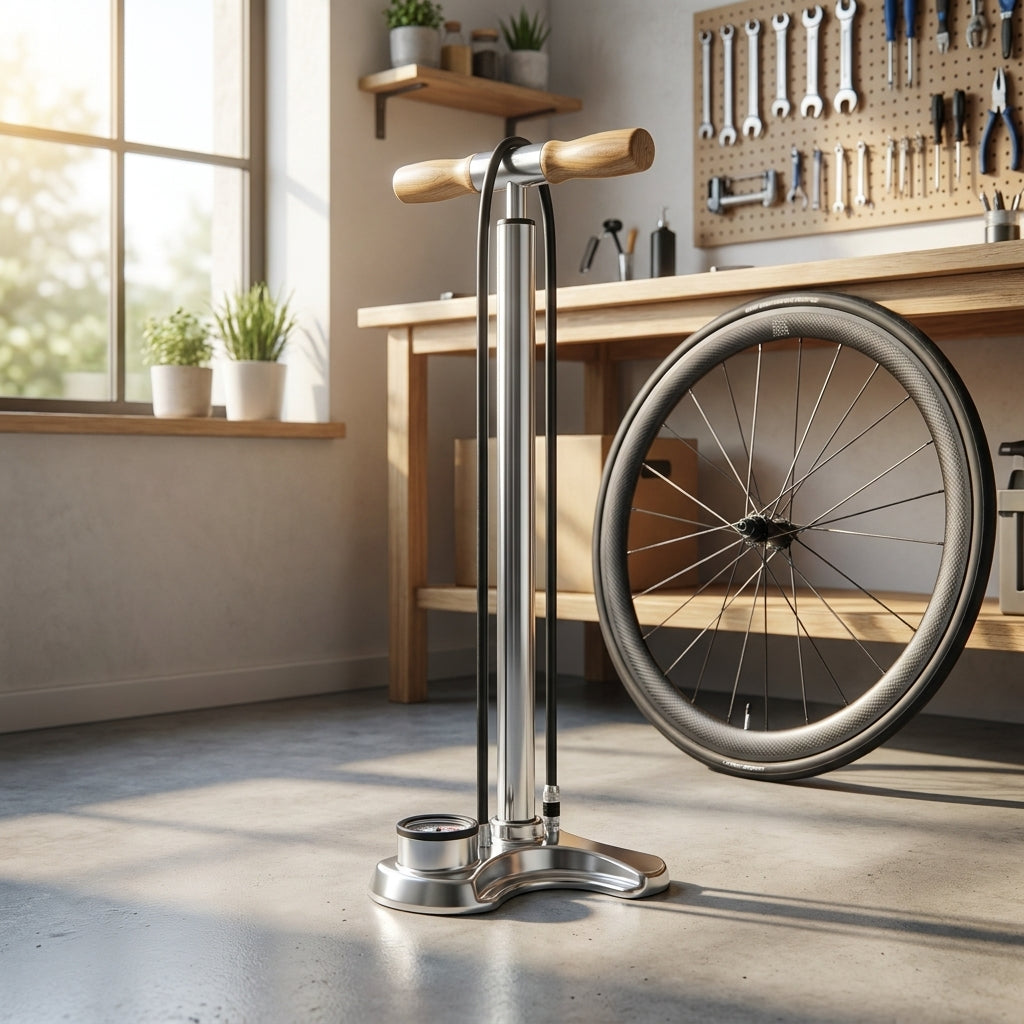 Airbone Standpumpe ZT-908 CNC Alu mit Manometer und Holzgriff für Fahrradreifen im Werkstattambiente.