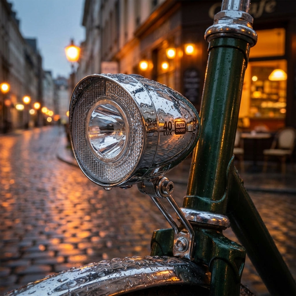 Verchromter XLC LED Retro Fahrradscheinwerfer 40 Lux an grünem Rad in regnerischer, beleuchteter Altstadtgasse.