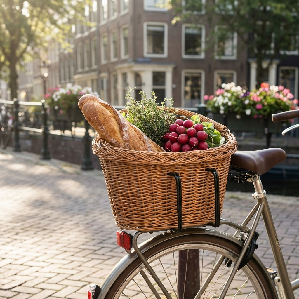 Basil Weiden-Korb Detroit natur am Fahrrad-Gepäckträger, gefüllt mit Baguette, Radieschen & Kräutern. Ideal für den Einkauf.