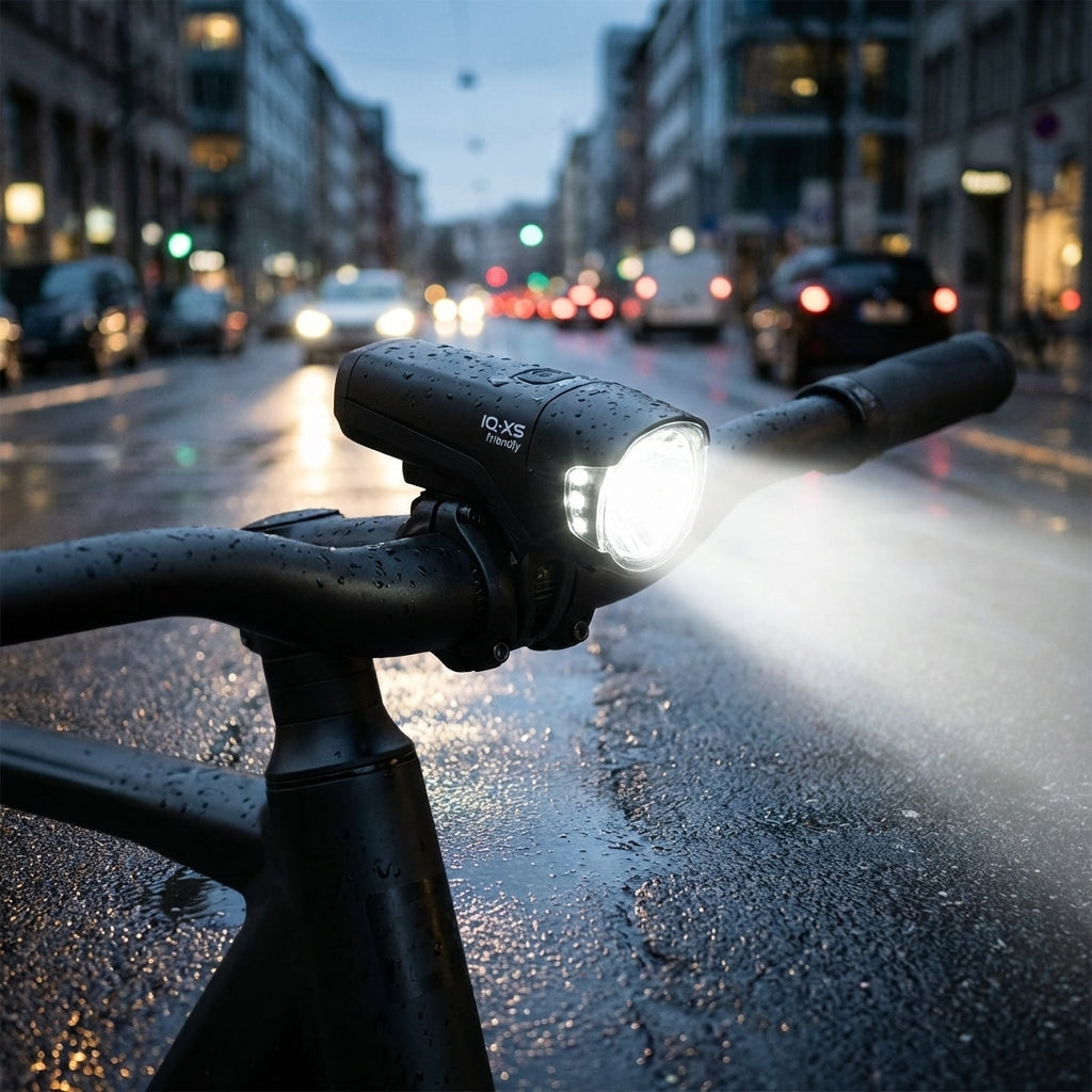 Leuchtender Busch&Müller IQ-XS Friendly StVZO Dynamo-LED-Fahrradscheinwerfer auf nassem Lenker in der Abenddämmerung.
