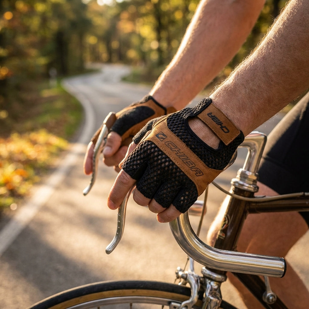 CHIBA Retro Radhandschuhe XL schwarz/braun gehäkelt und gepolstert beim Radfahren im Herbst.