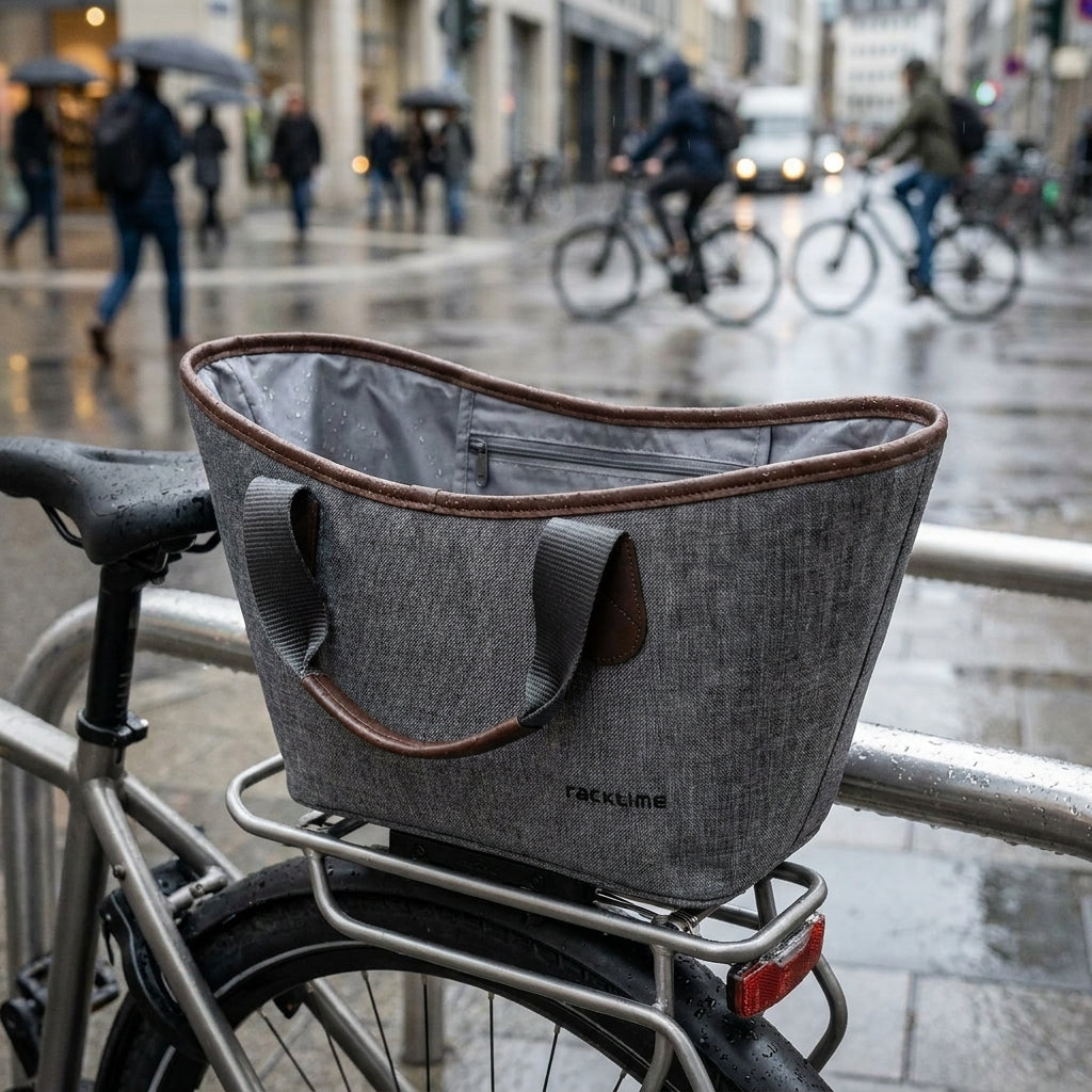 Racktime Agnetha Einkaufskorb Einkaufstasche grau am Fahrrad im Regen.