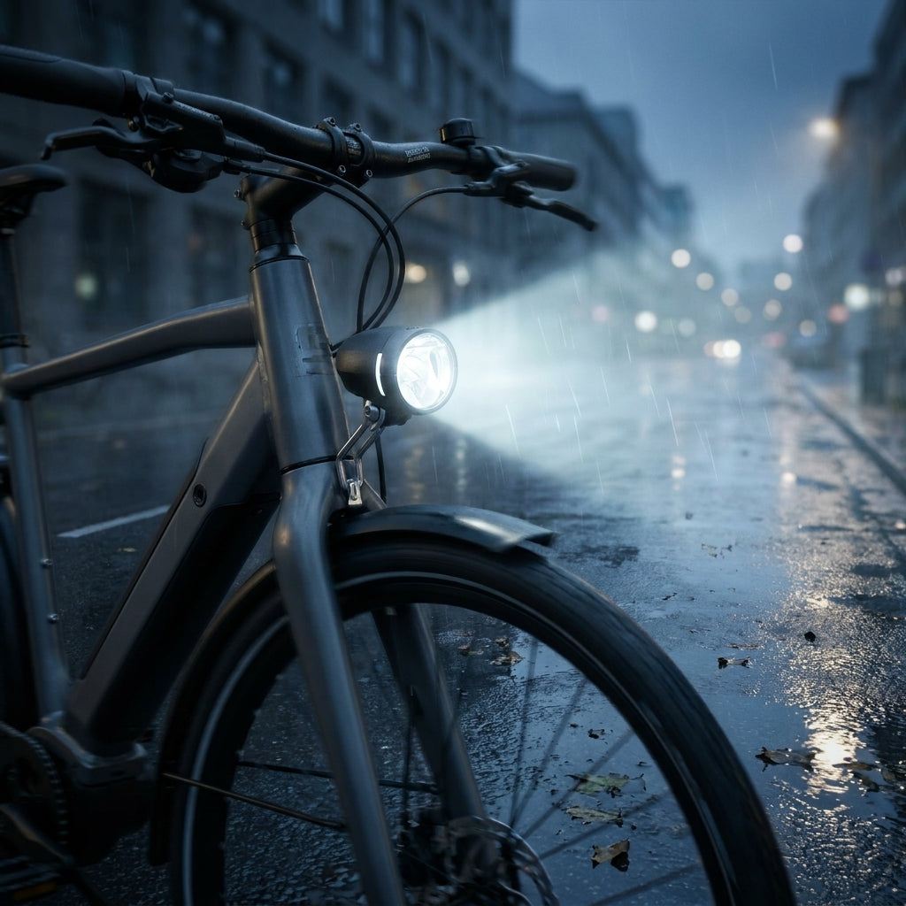 Busch&Müller Lumotec Myc N senso plus StVZO Scheinwerfer am E-Bike in der Stadt bei Regen und Nässe.