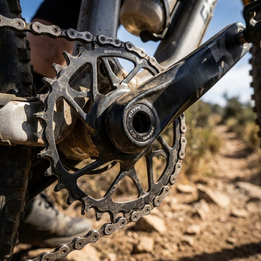 SRAM T-Type Eagle 34T Stahl Kettenblatt am Mountainbike-Antrieb für robuste Performance und präzise Schaltvorgänge.