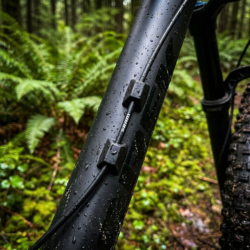 SRAM Leitungsbefestigungs-Kit sichert Bremsleitung an nassem schwarzem Fahrradrahmen im grünen Wald.