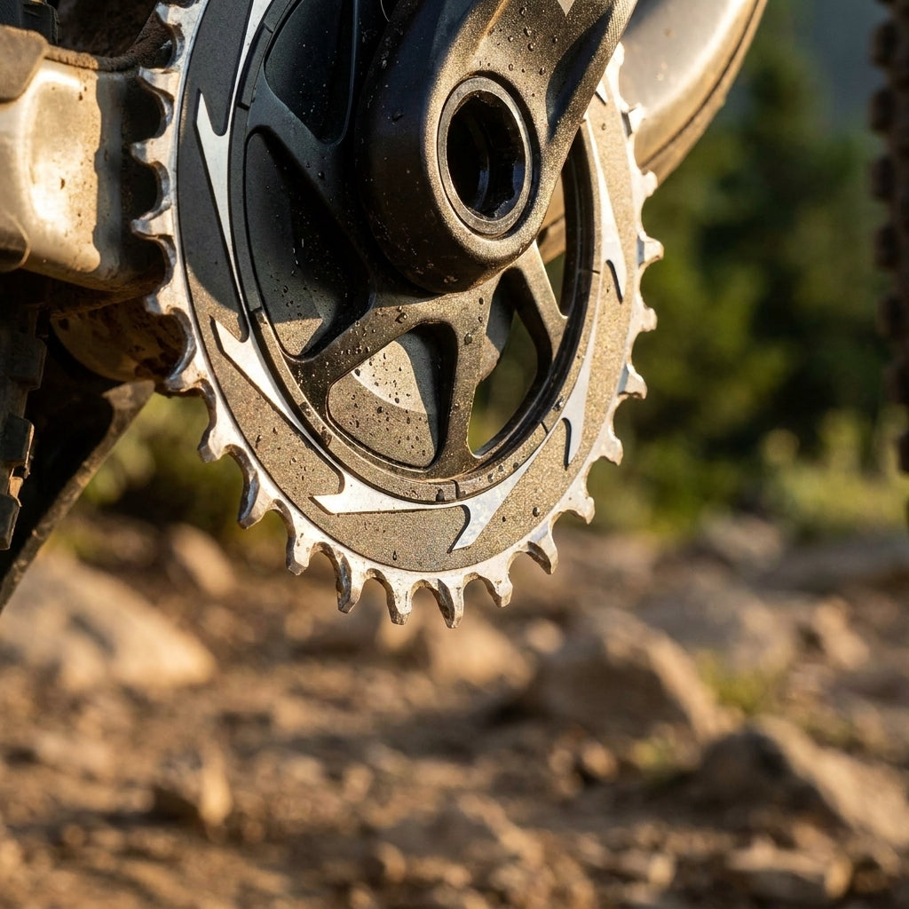 SRAM T-Type Eagle Powermeter Kettenblatt 36T 0 mm am Mountainbike-Antrieb, schmutzig, für präzise Leistungsmessung.