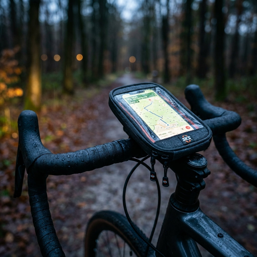 SKS Smartboy Plus wasserabweisende Smartphone-Hülle am Fahrradlenker mit Navigationskarte auf regnerischem Waldweg.