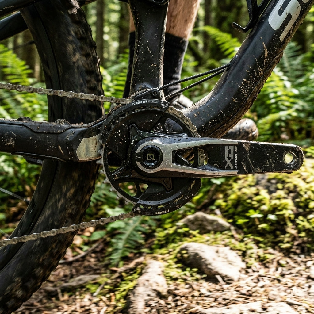SRAM Quarq X0 Eagle T-Type AXS Kurbelgarnitur mit Leistungsmesser am schlammigen Mountainbike auf Waldweg.