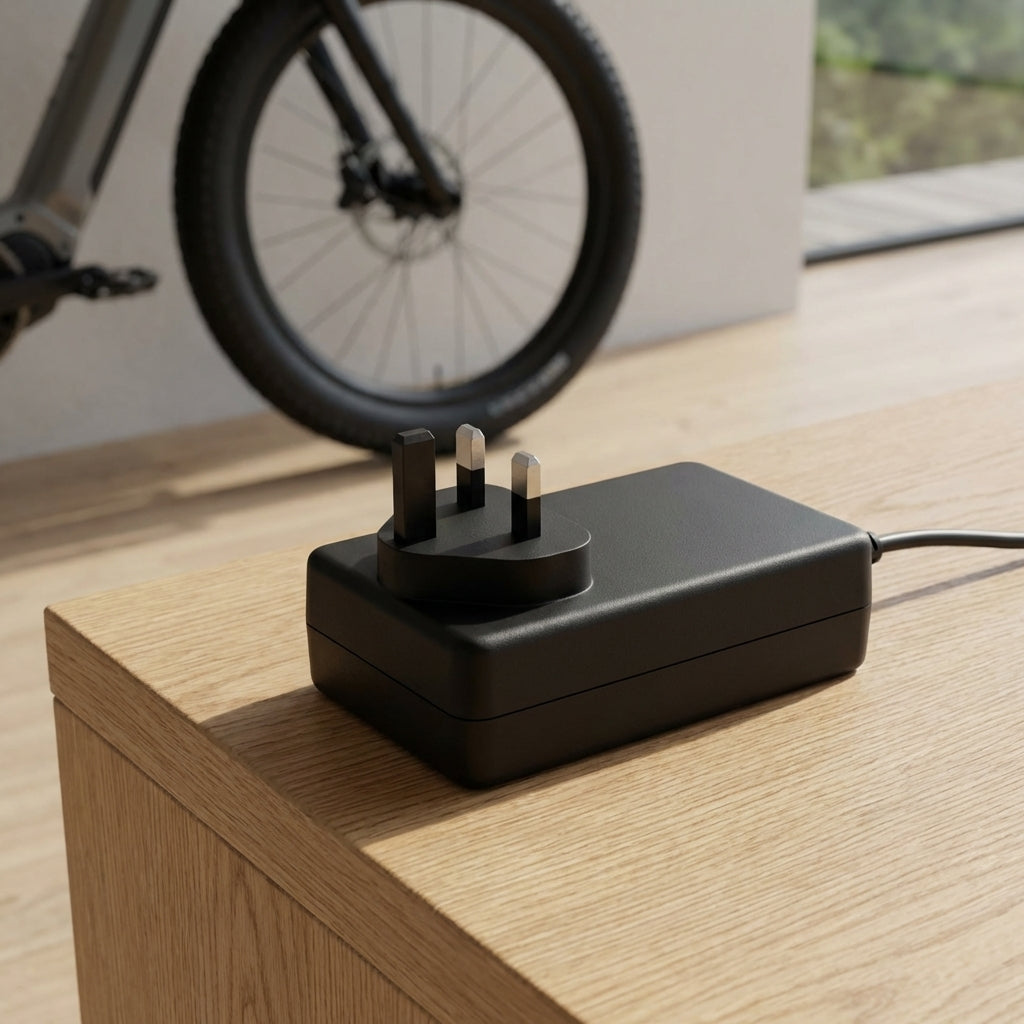 SRAM Ladegerät 16V für UK (220V) E-Bike Netzteil auf Holztisch. E-Bike im Hintergrund sichtbar.