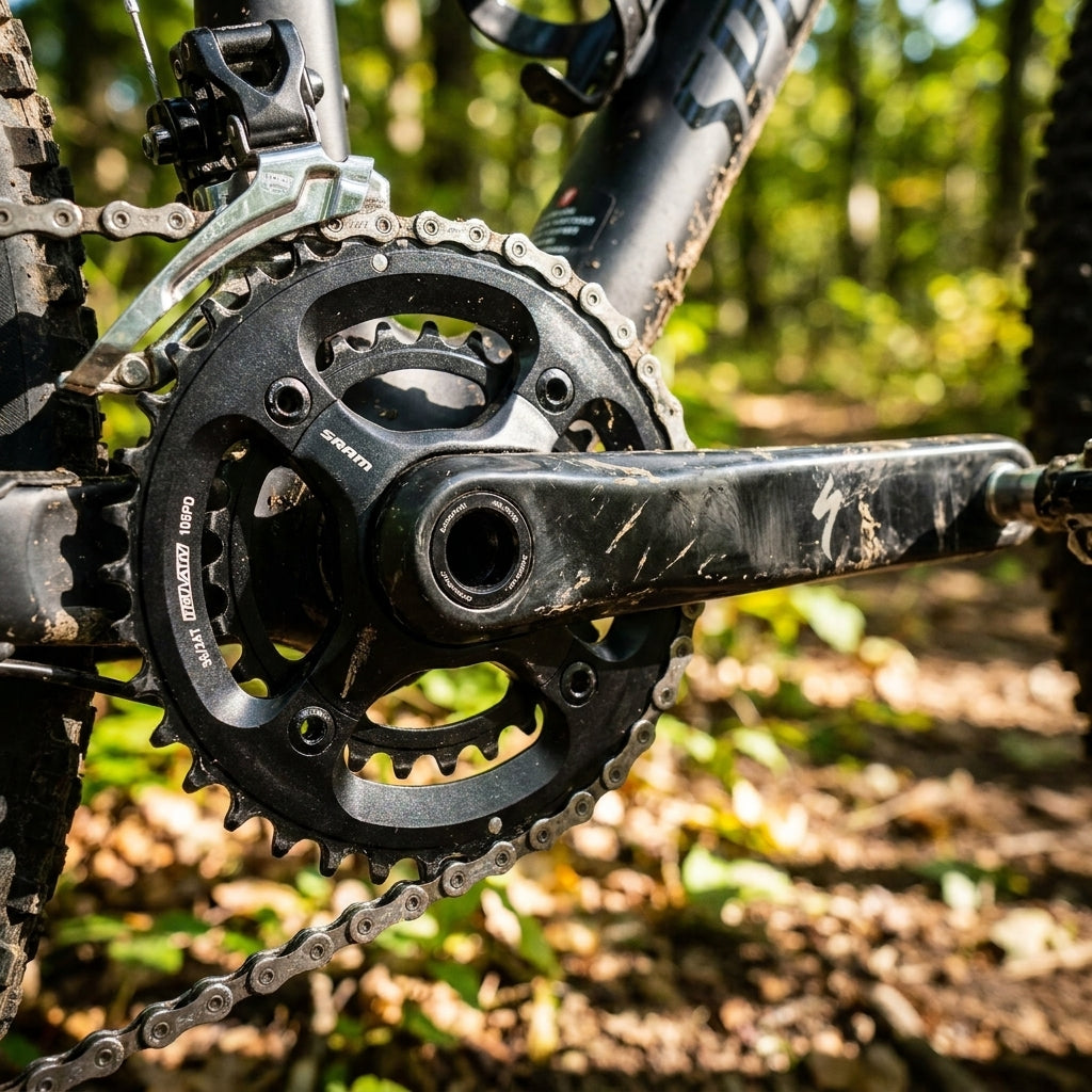 SRAM Kettenblatt MTB 36T 2x10 matt schwarz an Specialized Kurbel mit Kette für präzisen Antrieb.