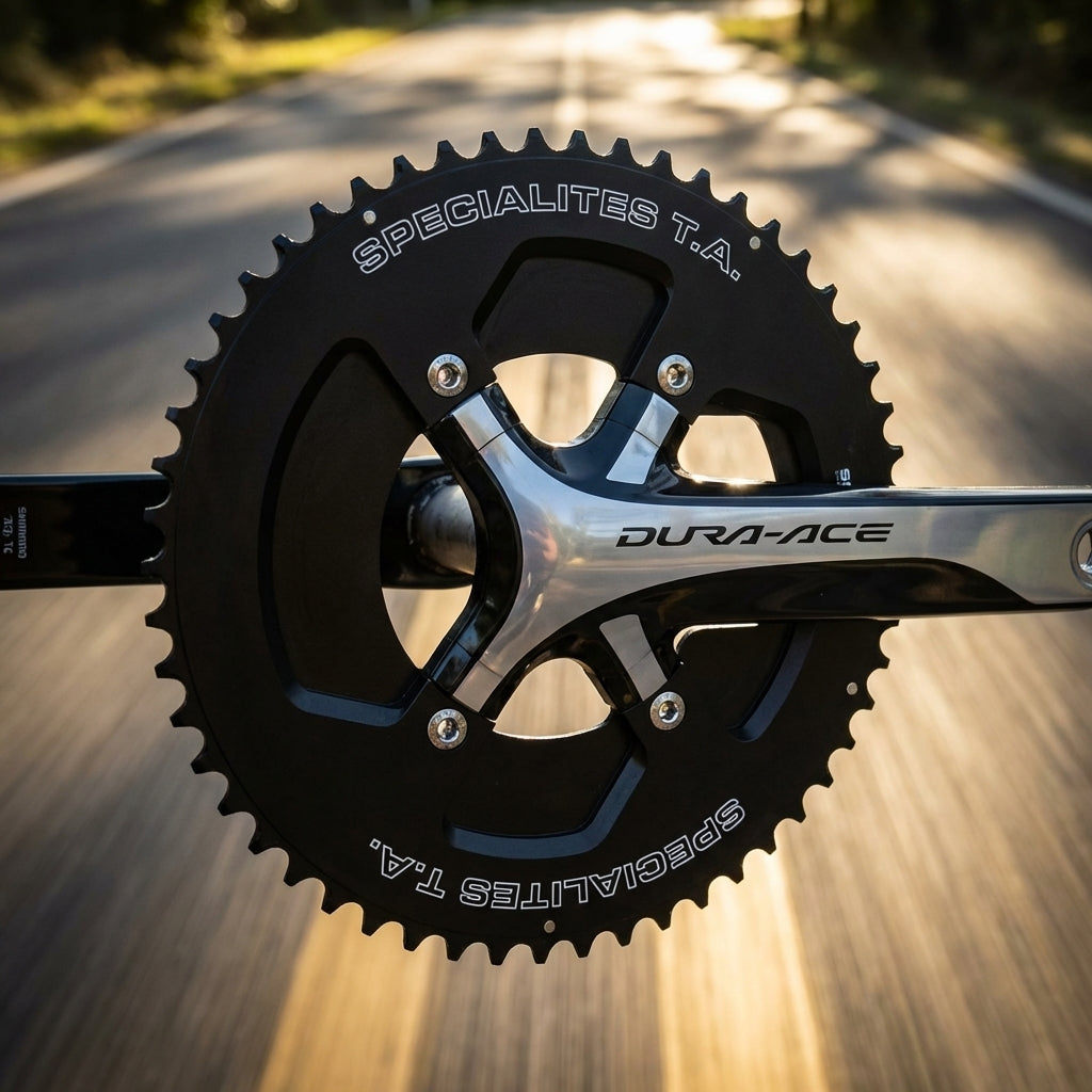 Schwarzes TA Kettenblatt Speed 2 X110 54Z (10/11-f) montiert an Dura-Ace Kurbel vor verschwommenem Straßenhintergrund.