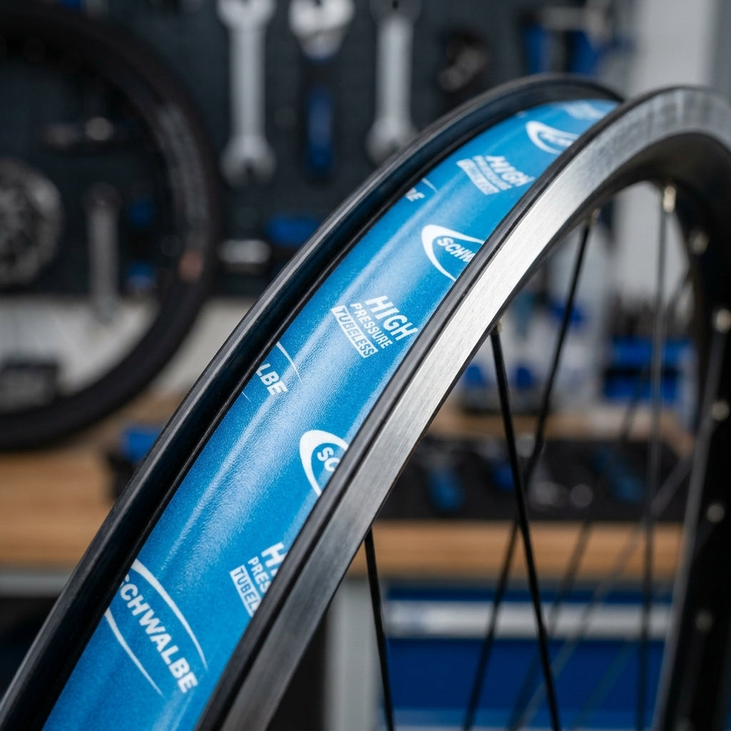 Schwalbe Tubeless Felgenband 10m x 29mm, blau, auf Fahrradfelge mit "High Pressure Tubeless" Aufdruck.