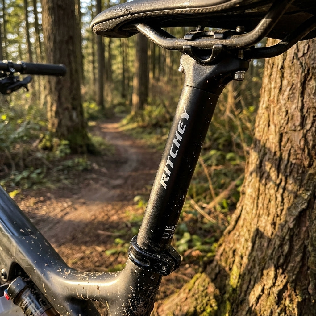 Schwarze Ritchey Comp Trail 2-bolt Sattelstütze 30.9mm an Mountainbike auf einem Waldweg, leicht verschmutzt.