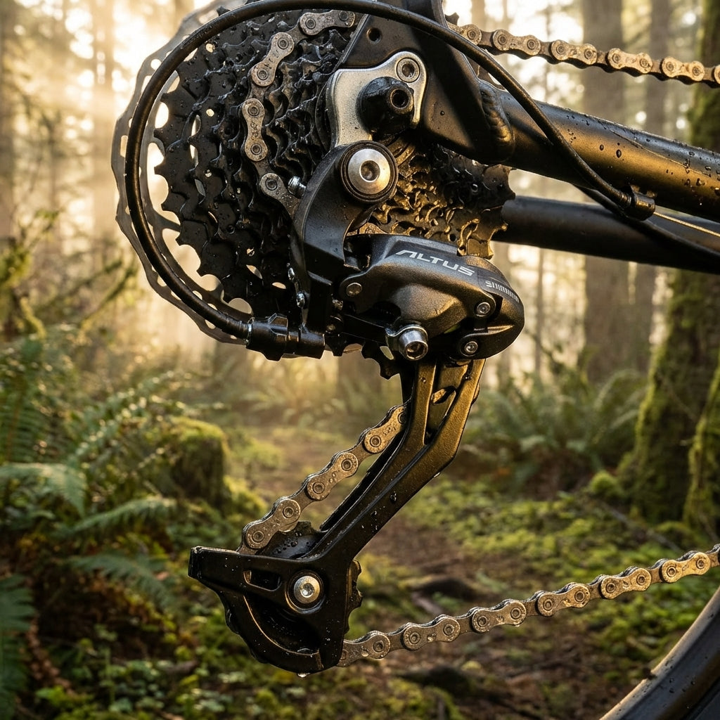 Shimano Altus RD-M370 9-fach Schaltwerk schwarz mit Kette und Kassette am Mountainbike im sonnigen Wald.