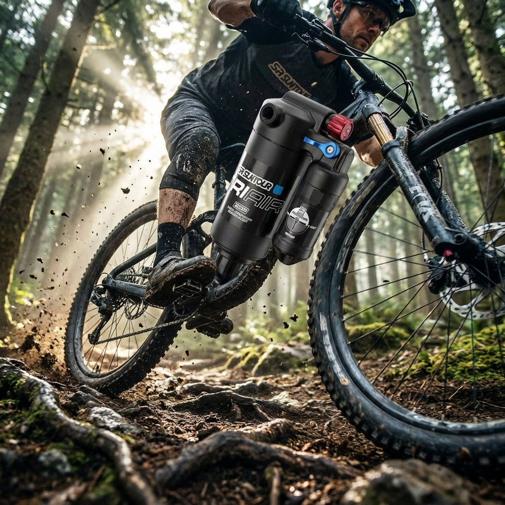 SR Suntour TRIAIR Dämpfer RS18 3CR Trunnion Mount an Mountainbike im Wald in Aktion.