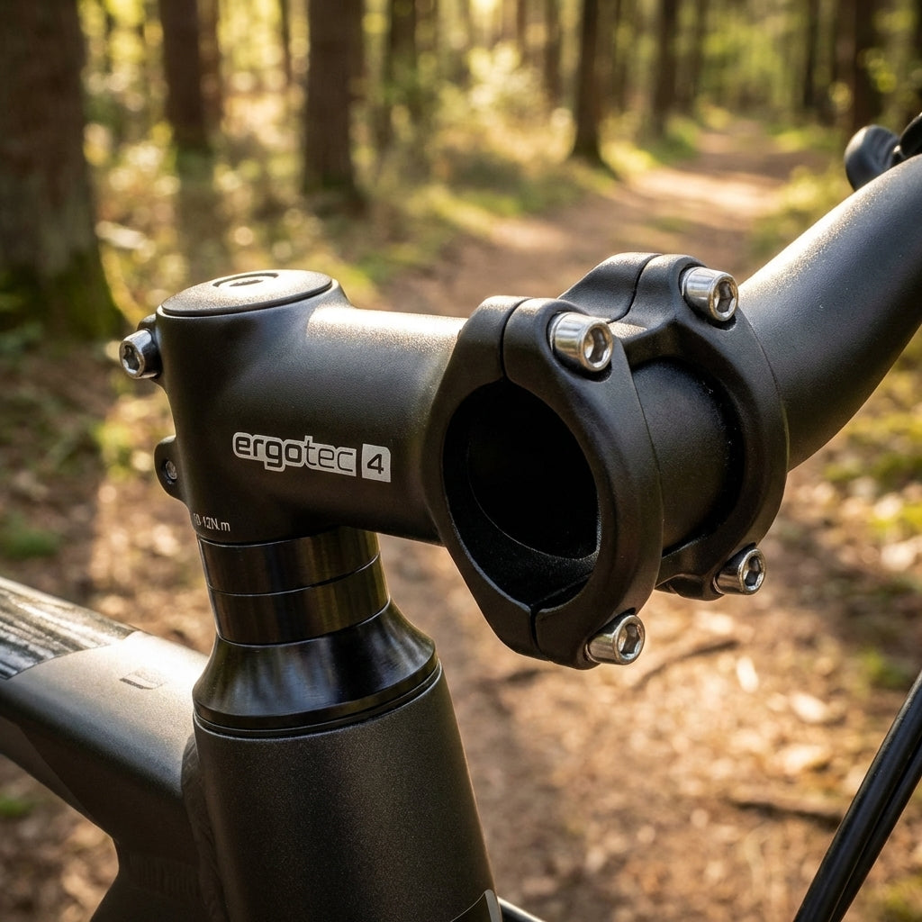 Ergotec AHEAD Vorbau Crab 2 aus schwarzem Alu am Fahrrad. Detailaufnahme auf einem Waldweg.