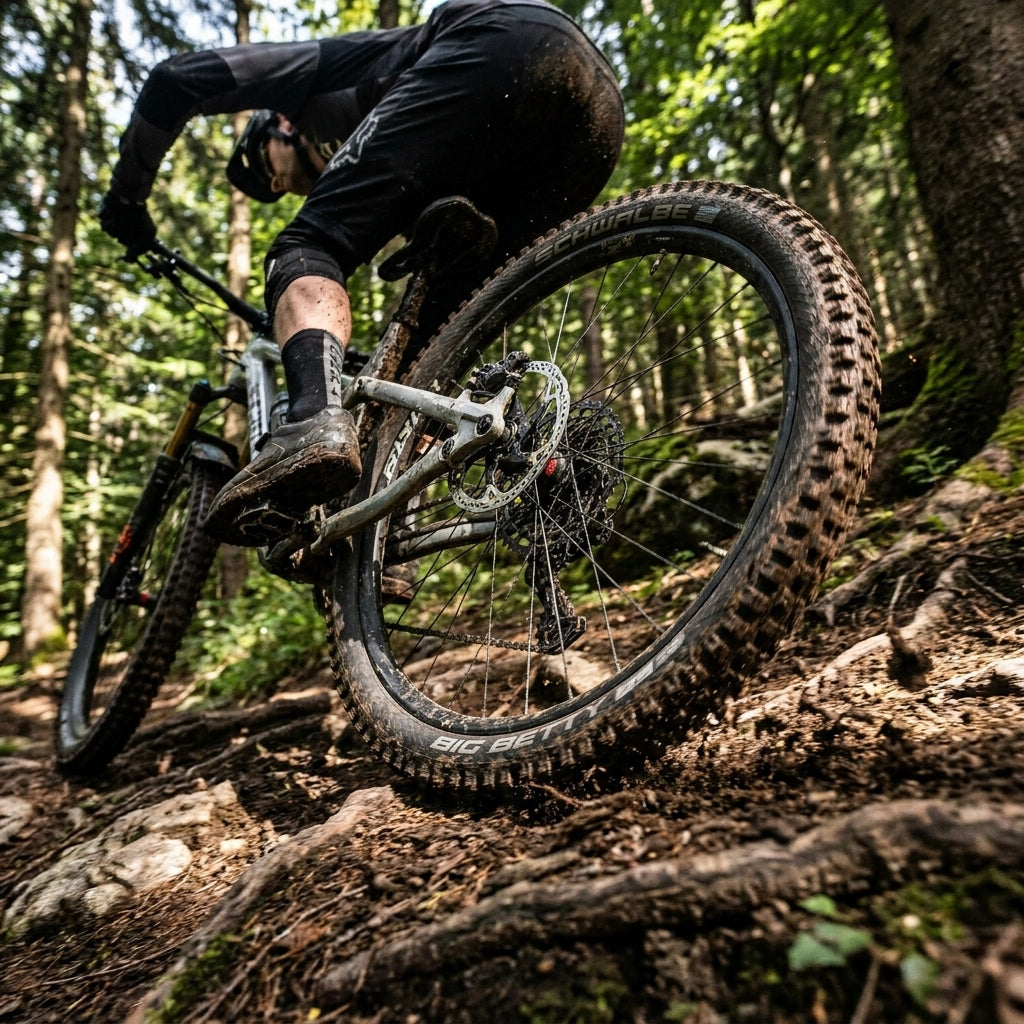 Mountainbiker mit Schwalbe Big Betty Enduro & Downhill Faltreifen in Aktion auf wurzeligem Trail.