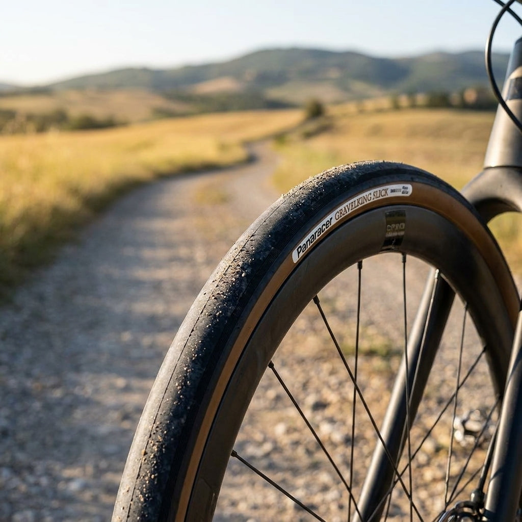 Panaracer GravelKing Slick Fahrradreifen 27.5x1.50 schwarz braun auf Schotterstraße in hügeliger Landschaft.
