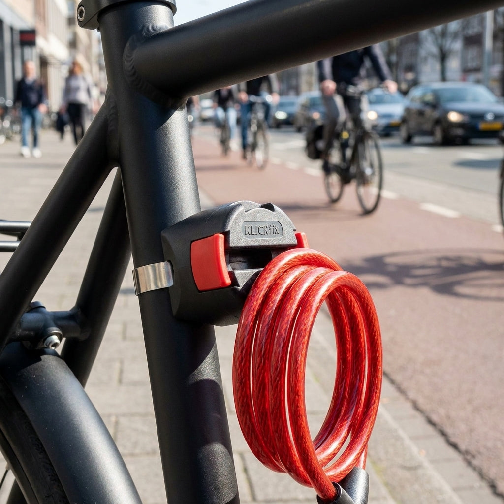 Rotes KLICKfix Asista Miniadapter Seilschloss am schwarzen Fahrradrahmen montiert.