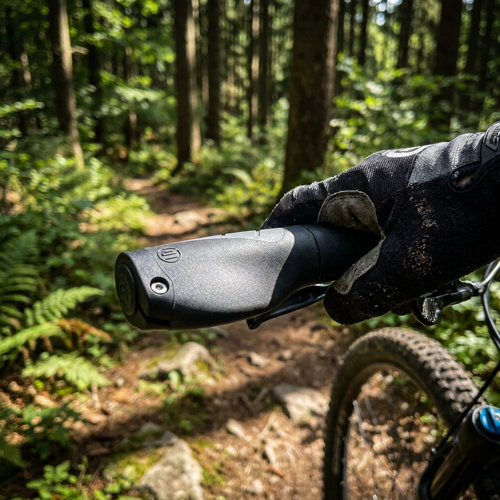 Ergotec MTB-ATB-Griffe Aero 2 Kraton sw/gr an Fahrrad im Waldweg.