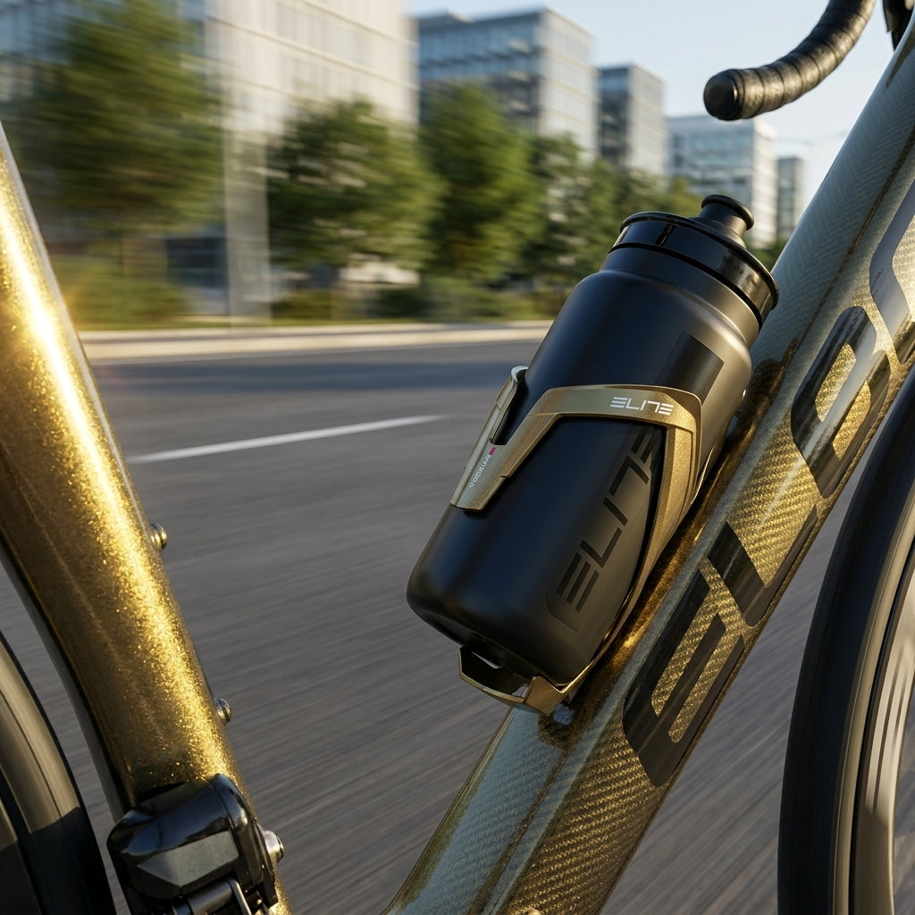 Elite Trinkflaschenhalter Vico Glam gold metallisch am Fahrrad mit schwarzer Trinkflasche auf der Straße.