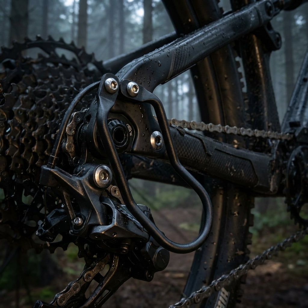 Ridewill Schaltwerkschutz aus schwarzem Stahl zur Rahmenbefestigung am Fahrrad Ausfallende fuer Mountainbikes.