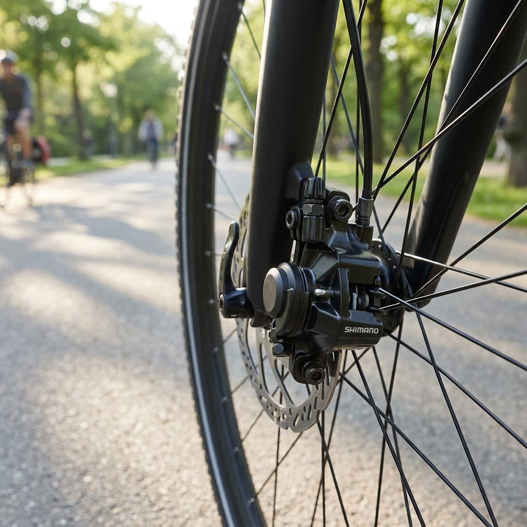 SHIMANO BR-M375 mechanischer Bremssattel einer Fahrrad-Scheibenbremse am Vorderrad im Park.