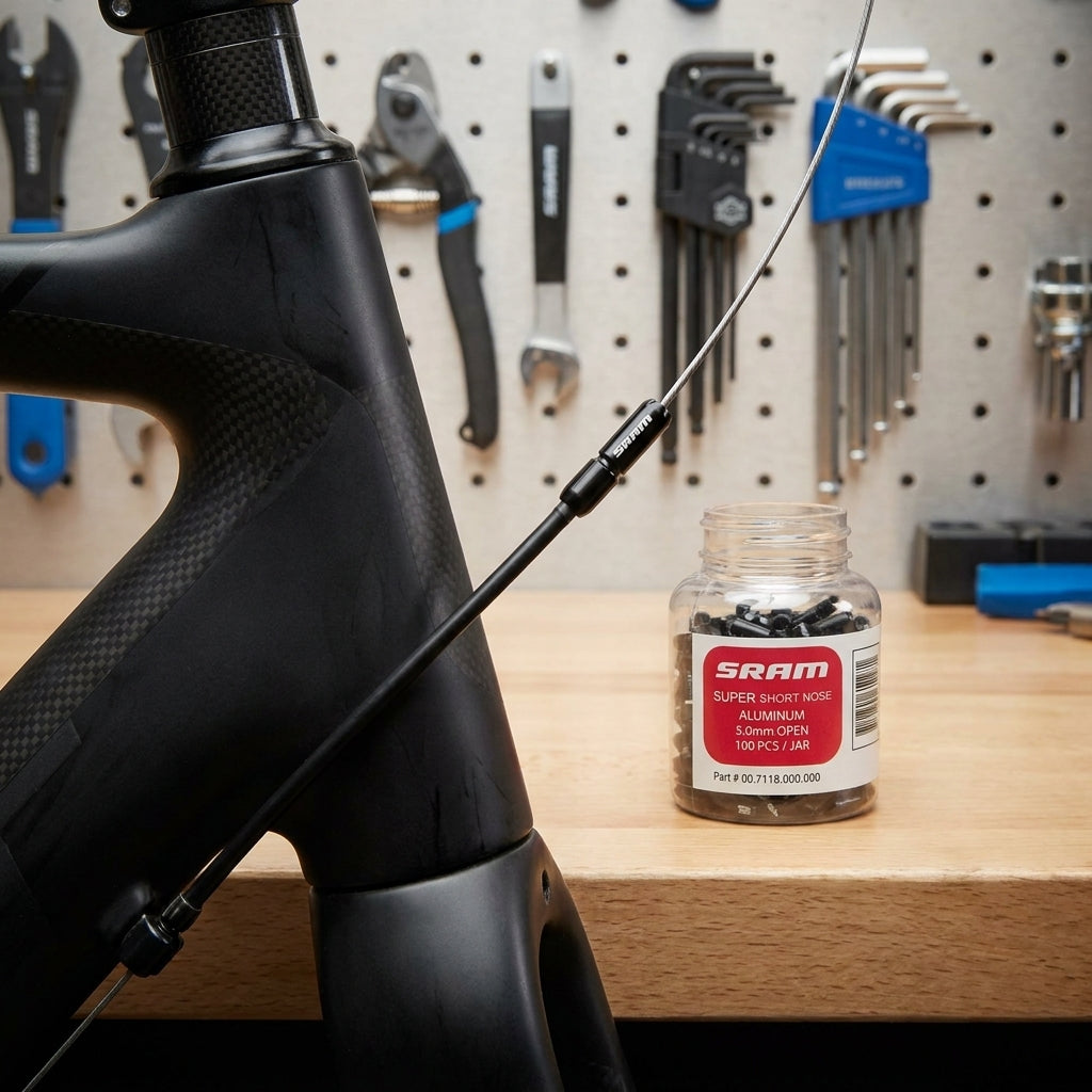 Schwarze SRAM Super Short Nose Kabelenden am Fahrradkabel, daneben ein Glas mit 100 Stück für saubere Schaltzug-Abschlüsse.