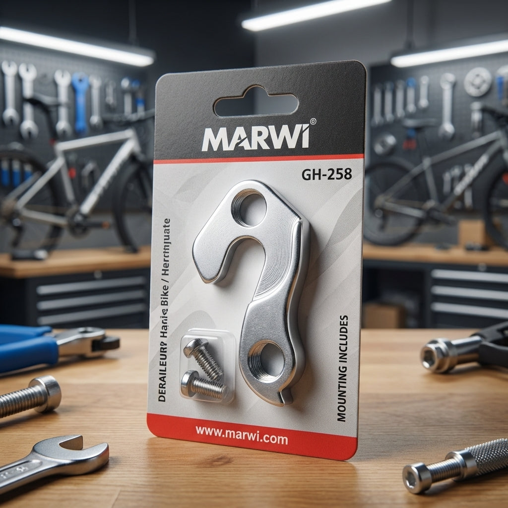 Marwi Schaltauge GH-258 silber inkl. Schrauben auf Karte. Fahrrad-Ersatzteil für Schaltwerke.