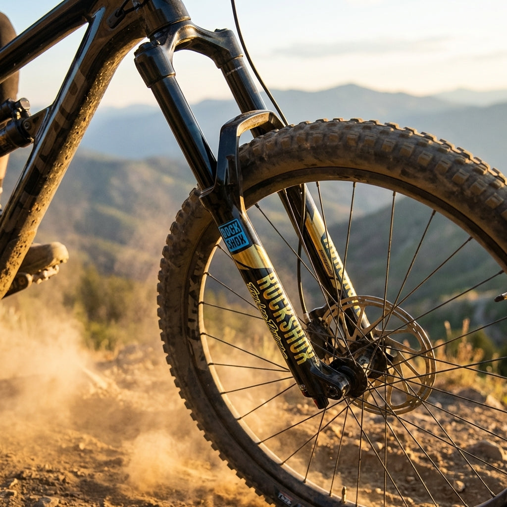Rockshox Dekor Kit Troy Lee Designs-B/G an Mountainbike-Federgabel auf staubigem Trail.