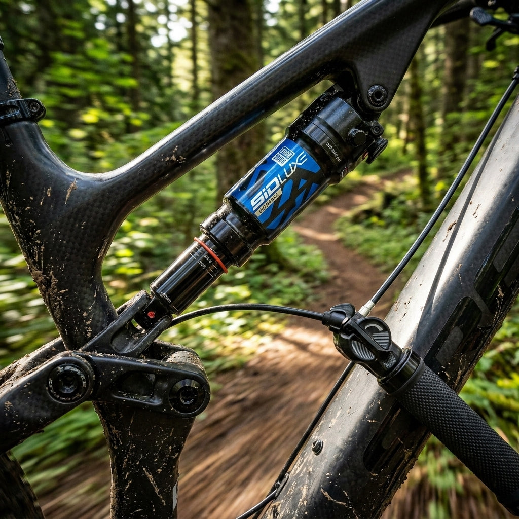 Rockshox SIDLuxe Ultimate Remote A2 Dämpfer, schwarz, am Mountainbike im Wald.