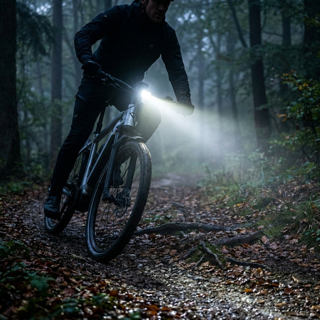 AXA Frontlicht Nxt 80 E-Bike: Leistungsstarke LED für maximale Sicht auf nebligem Waldweg.