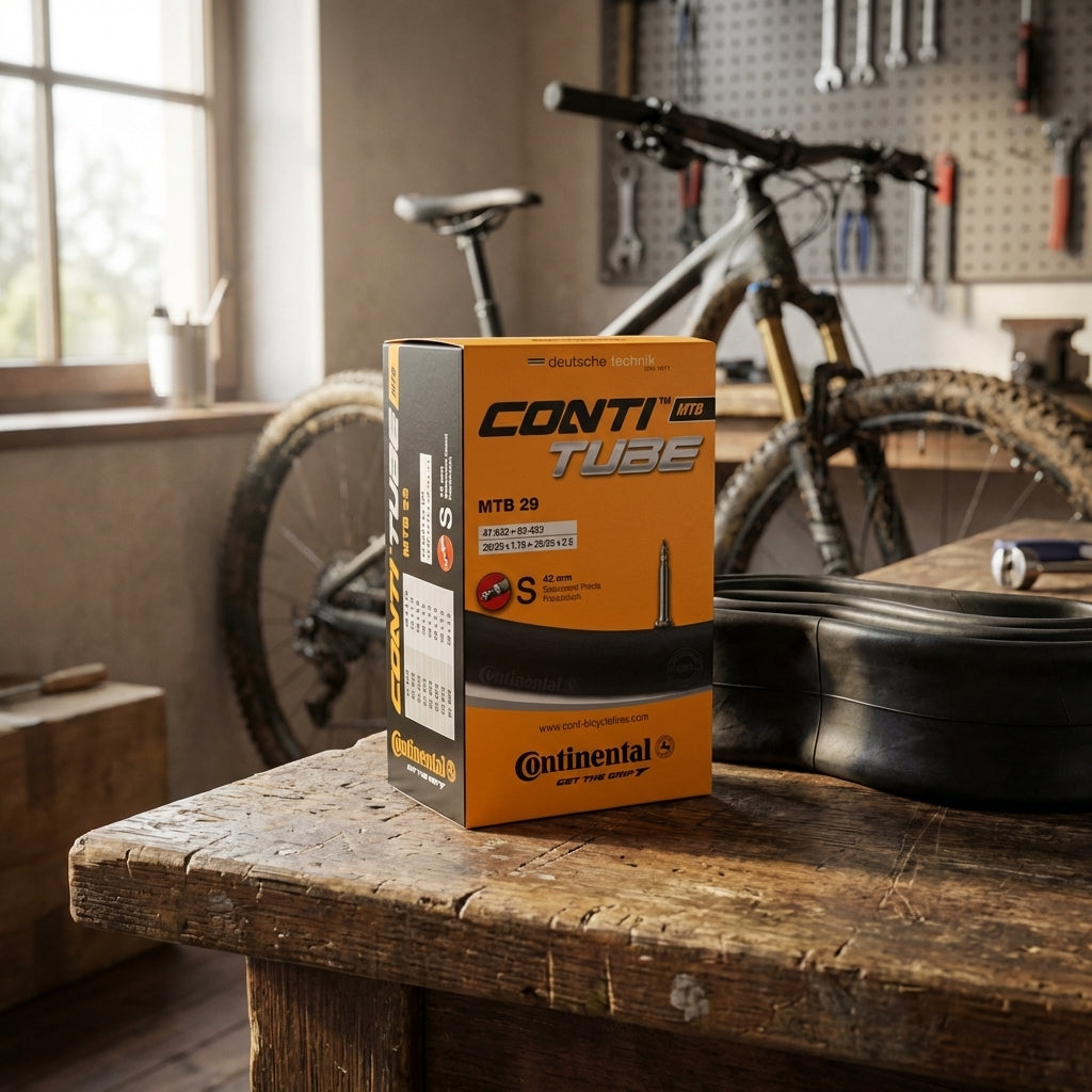 Continental MTB 29" Fahrradschlauch mit Sclaverand-Ventil 42 mm auf einer Werkbank in einer Fahrradwerkstatt.
