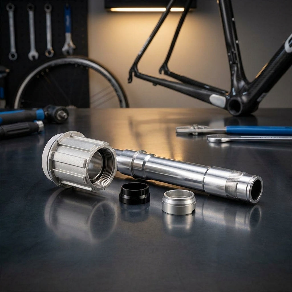 Campagnolo N3W RetroFit Kit für Scirocco DB: Freilauf, Achse und Kappen auf Werkbank.