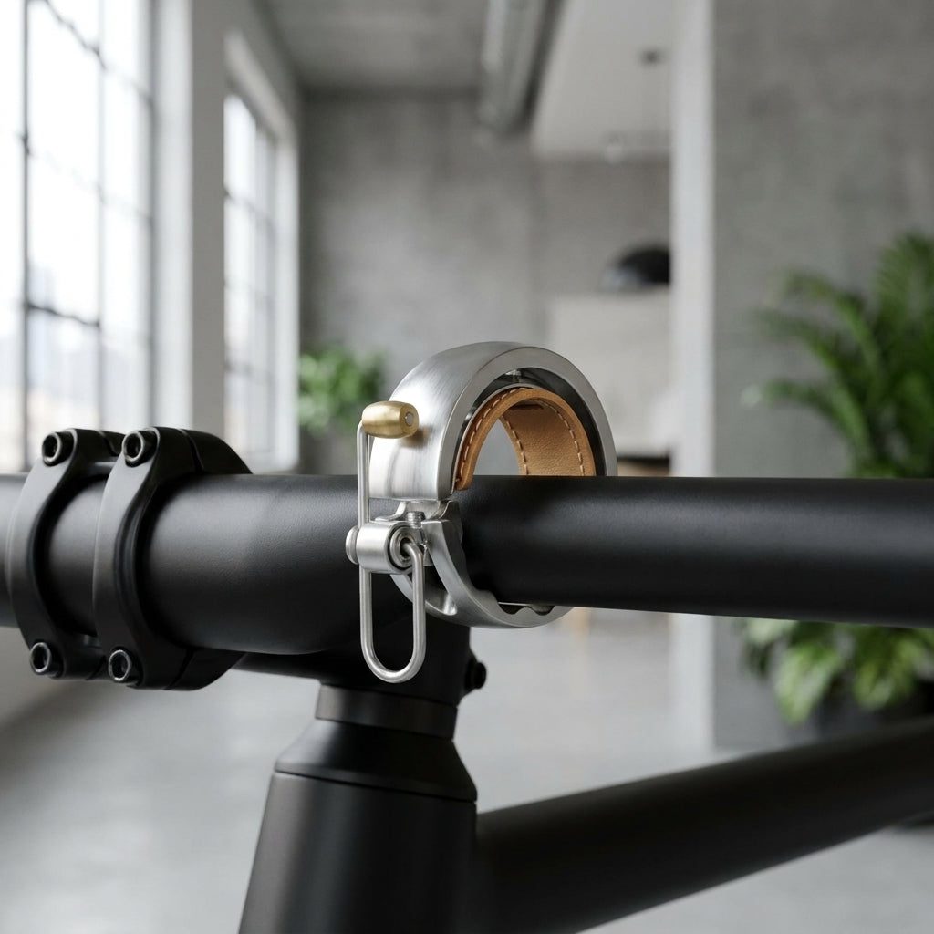 Knog Fahrradklingel Oi Luxe groß silber am schwarzen Fahrradlenker mit Messinghammer und braunem Leder.