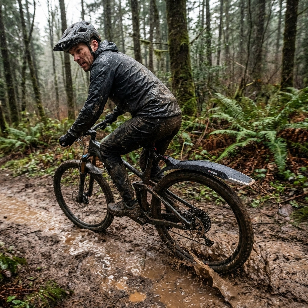 Zéfal HR Schutzblech Deflector RM90+ schwarz am Mountainbike im Matschwald, schützt effektiv vor Schlammspritzern.