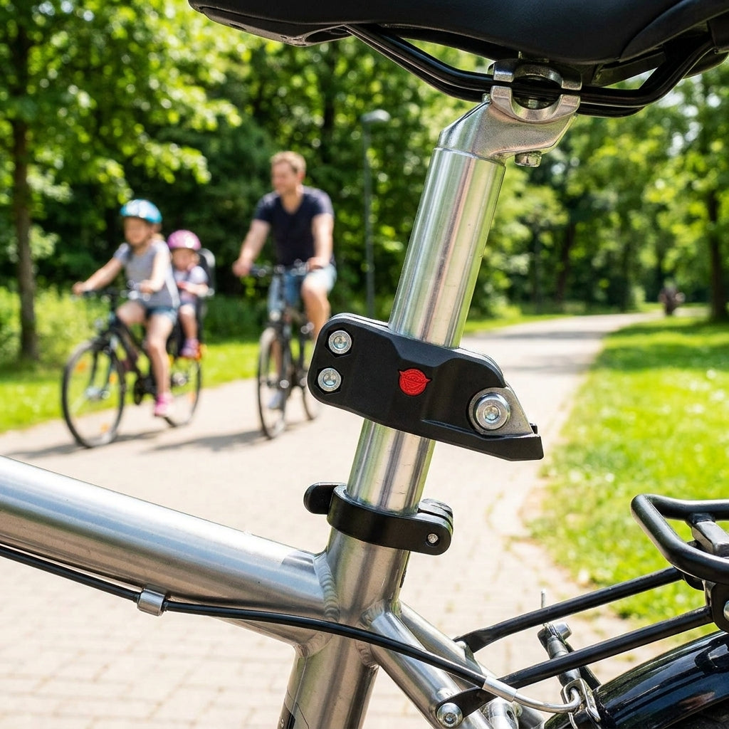 Schwarzer Hebie Sattelstützadapter F 1 (Ø 26-31mm) für Anhängerkupplung an Fahrrad-Sattelstütze. Familie fährt Rad.